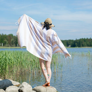 Hamam-pyyhe! Rantaelämä Beige, kierrätyspuuvillaa - Koko 95x180cm, 250g, 100% puuvillaa - Saaren Taika Decor