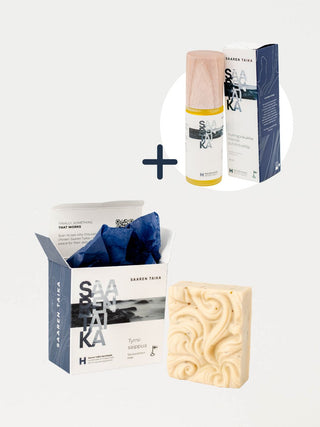 Kaksoispuhdistussetti ruusufinni- ja couperosaiholle, Auringonkukka Manteli Puhdistusöljy & Tyrni Luksus Spa saippua
