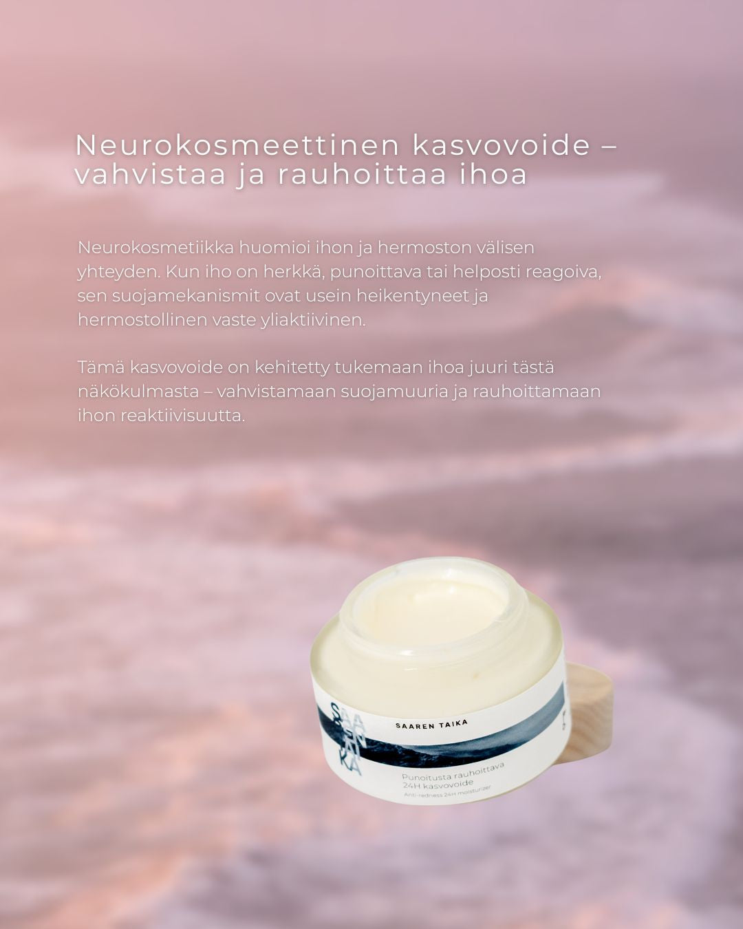 Punoitusta rauhoittava 24H kasvovoide ruusufinniin ja couperosaan taipuvalle iholle, hajusteeton, vegaaninen, UNISEX