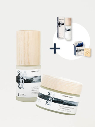 🎁 55€ lahja sinulle: Punoittavan ihon ihonhoitorutiini, seerumi, kasvovoide, kasvovesi ja saippua