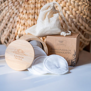 Bambu-puuvilla Kestovanulaput 16kpl + pesupussi + bambu säilytysrasia  - Saaren Taika Ecolution