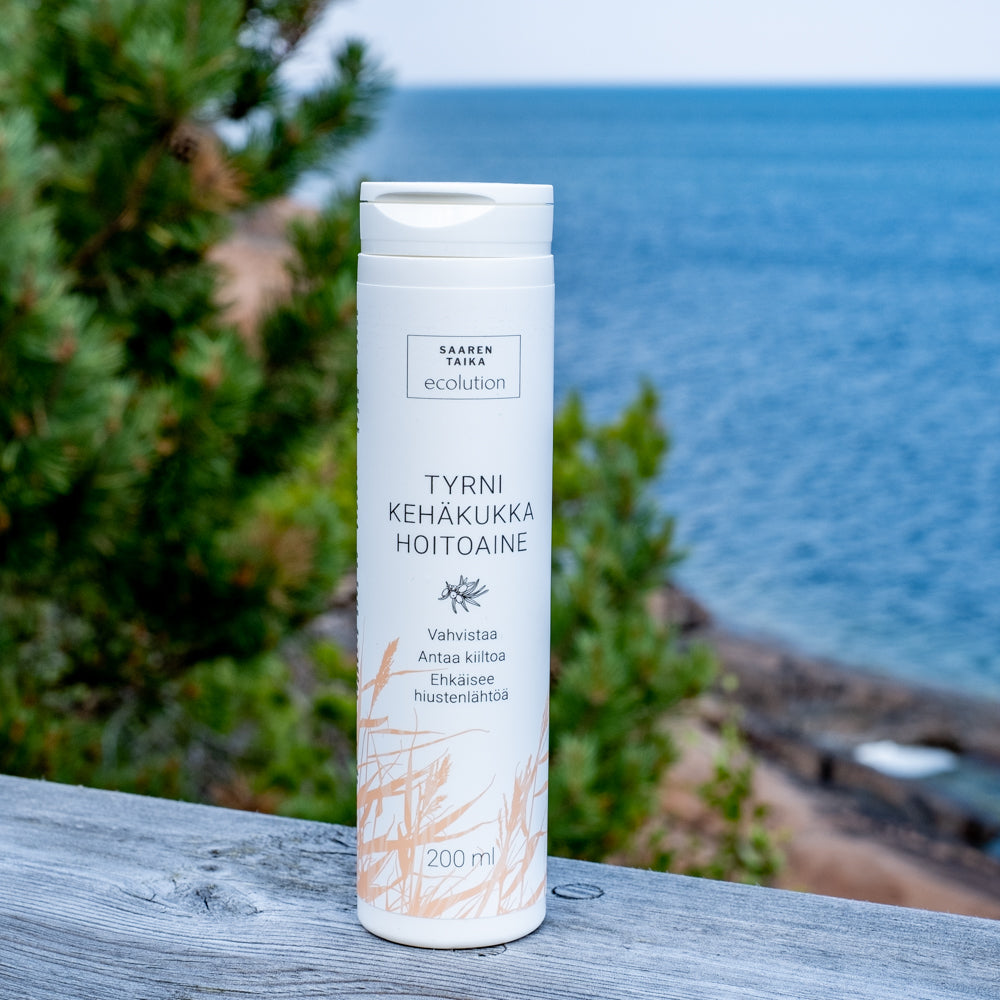 II-LAATU Tyrni kehäkukka hoitoaine, herkälle ja hilseilevälle päänahalle, silikoniton, 97% luonnollista, vegaaninen, 200ml Hoitoaine Saaren Taika Ecolution